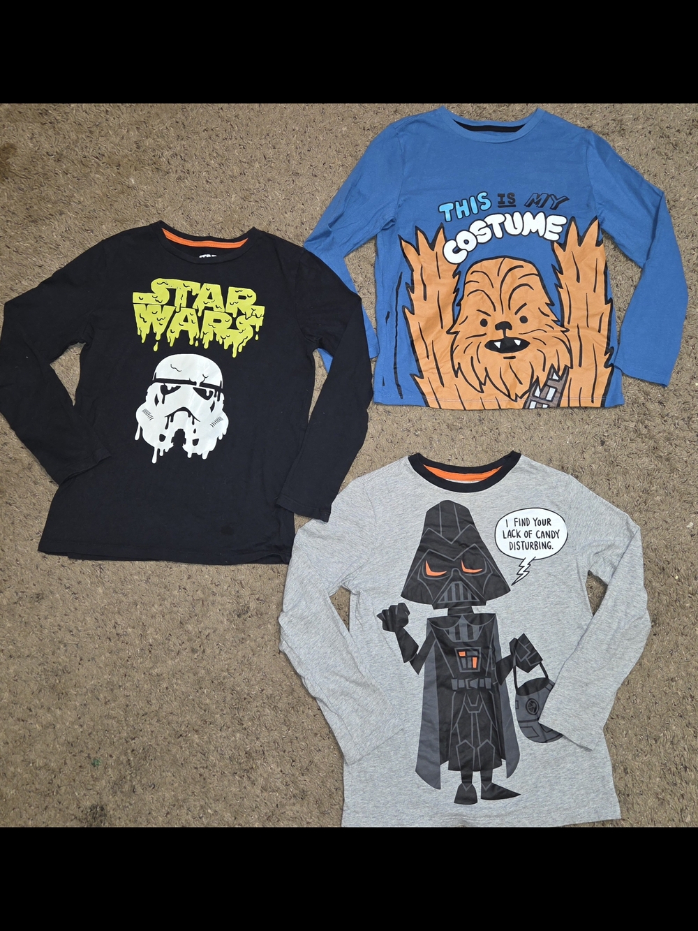 (3)Kid's Star Wars Long-Sleeve Graphic Tees Black, Gray & Blue Halloween Size 8